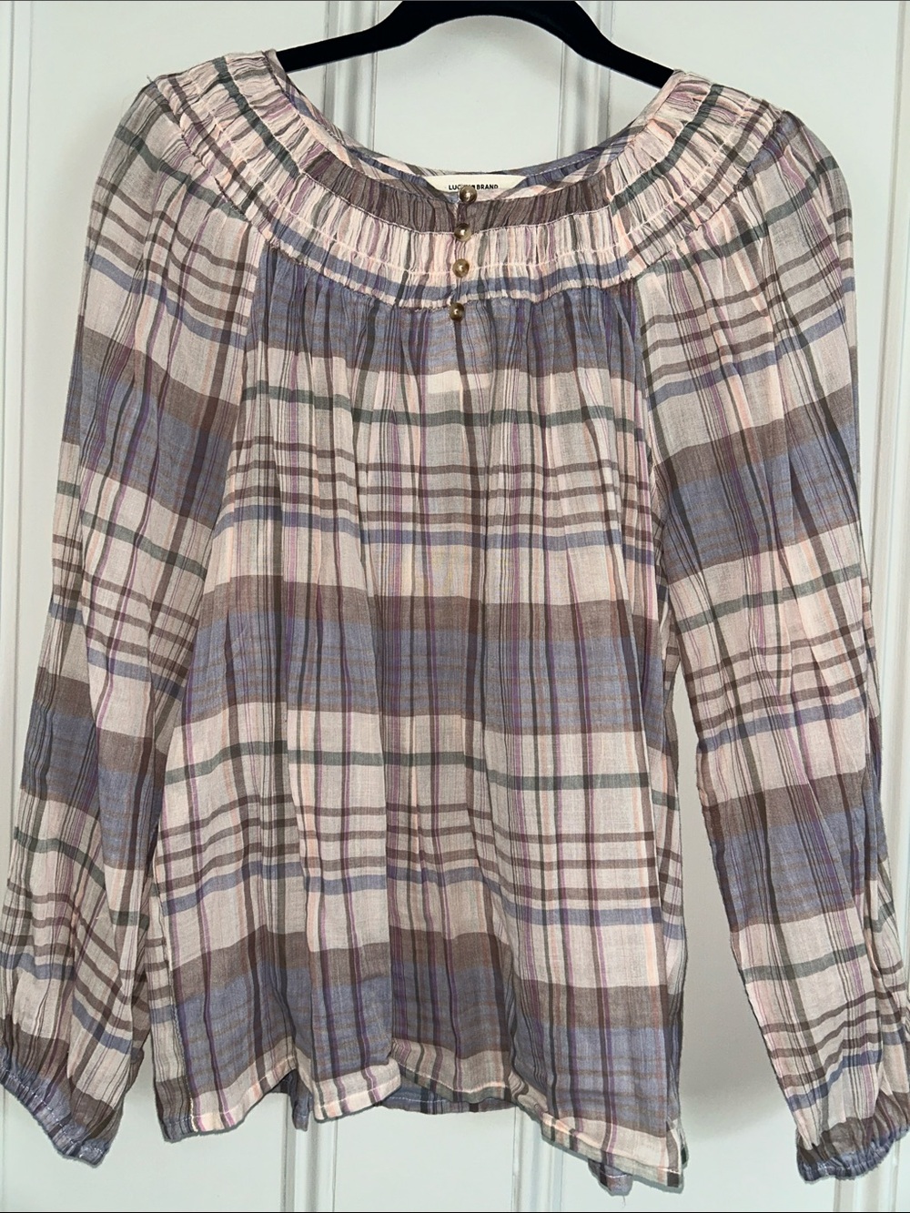 Lucky Brand Plaid Peasant Blouse in Cream, pale pink, blue/purple .